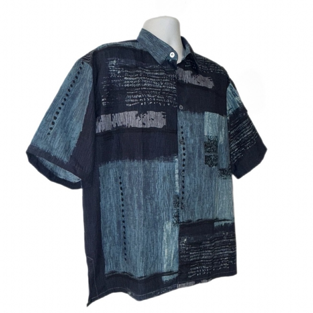 Y2K Vintage D’Accord Blue Abstract Print Short Sleeve Shirt - Large Made in USA